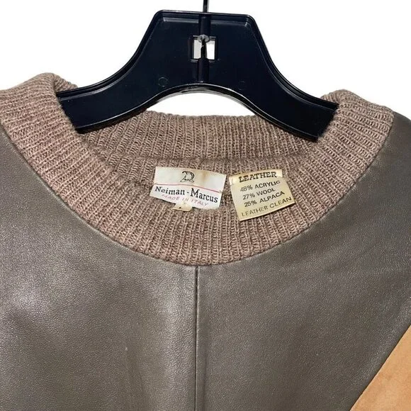 Neiman Marcus Vintage Mens Sweater Size Large Brown Leather Front Knit